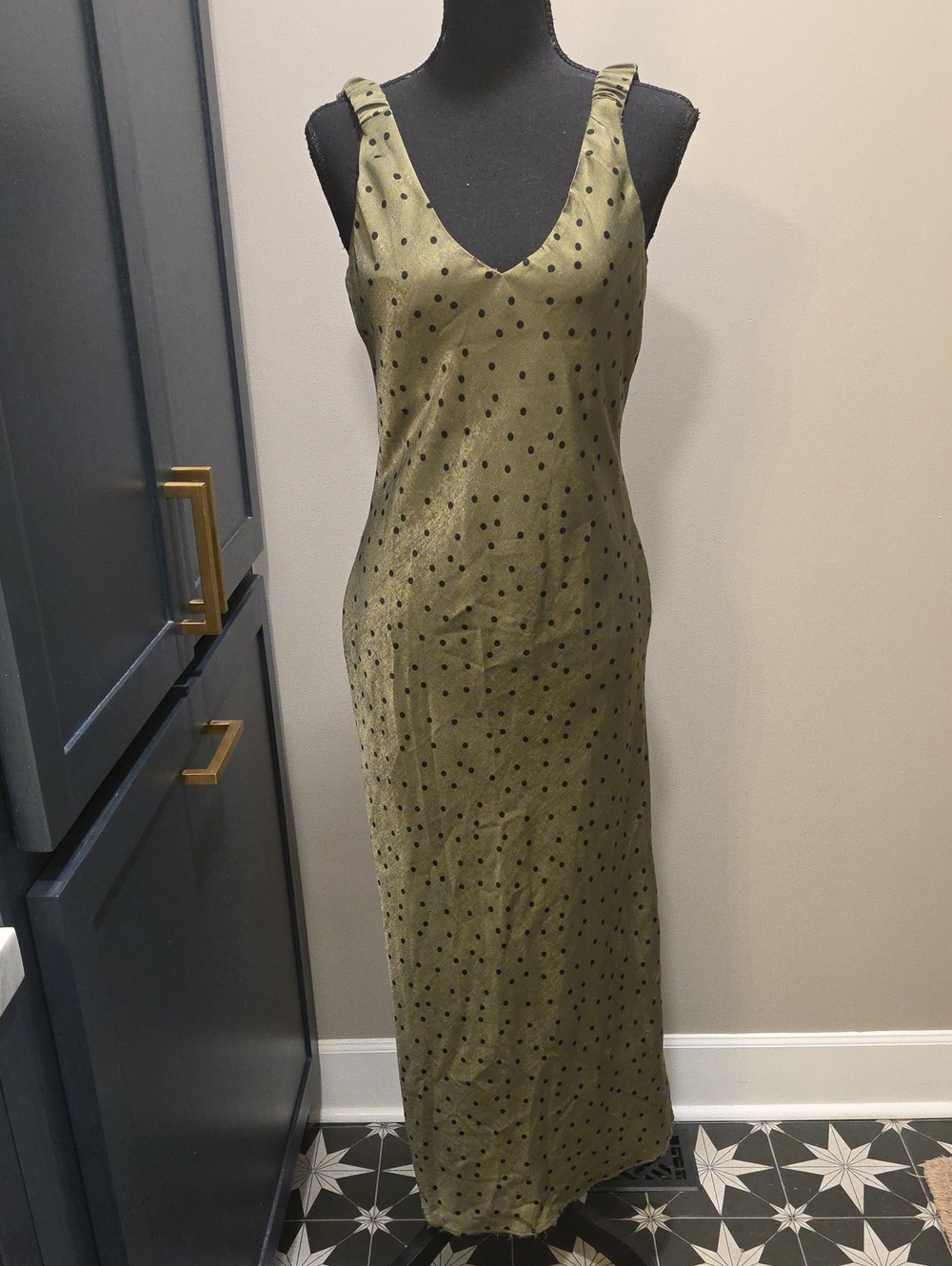 Zara Women's Olive Green/Black Polka Dot Maxi Slip Dress Size S
